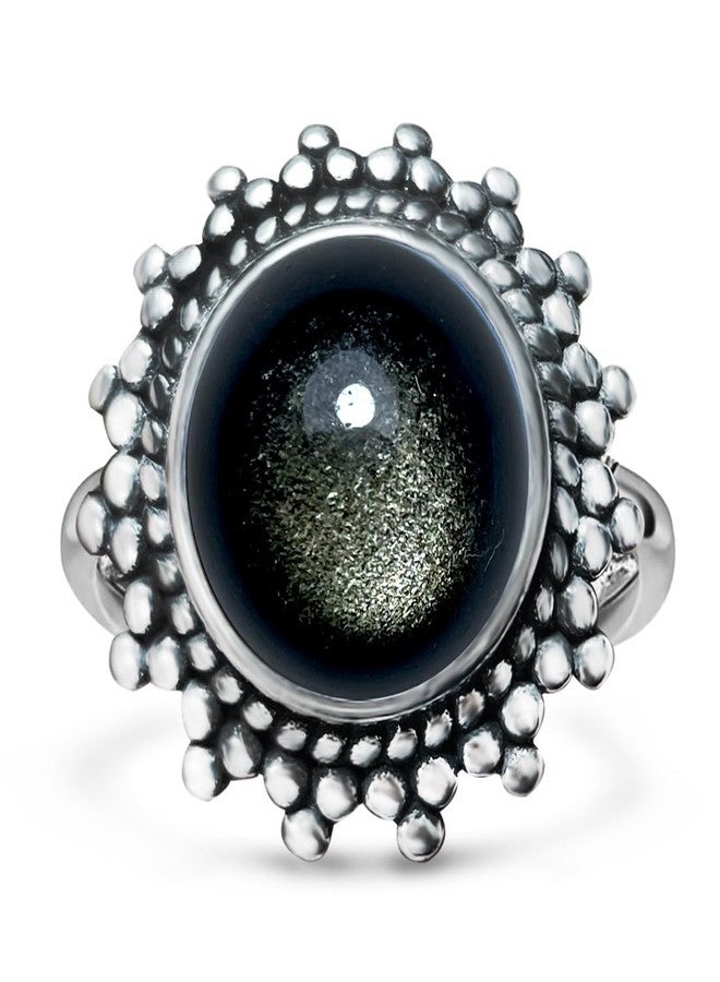 HAIXIAN Round Natural Black Obsidian Stone Ring for Women,Retro Antique Vintage S925 Sterling Silver Real Genuine Crystal Quartz Gemstone Boho Bohemian Ring Jewelr (A_Obsidian, 9) - Image 1